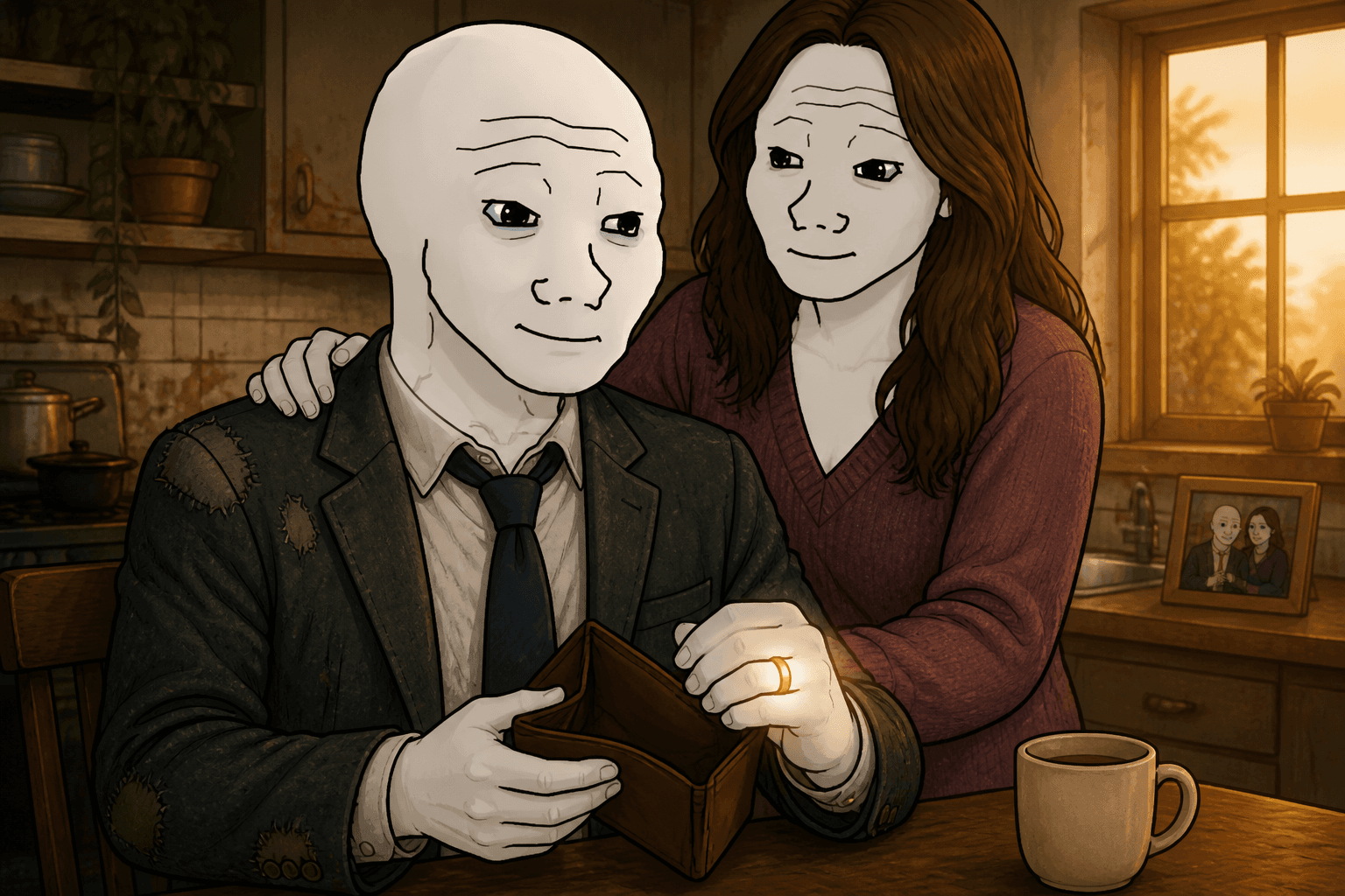 Married Broke Man in a patched suit holding an empty wallet, gold ring catching the light, while she stands with him.